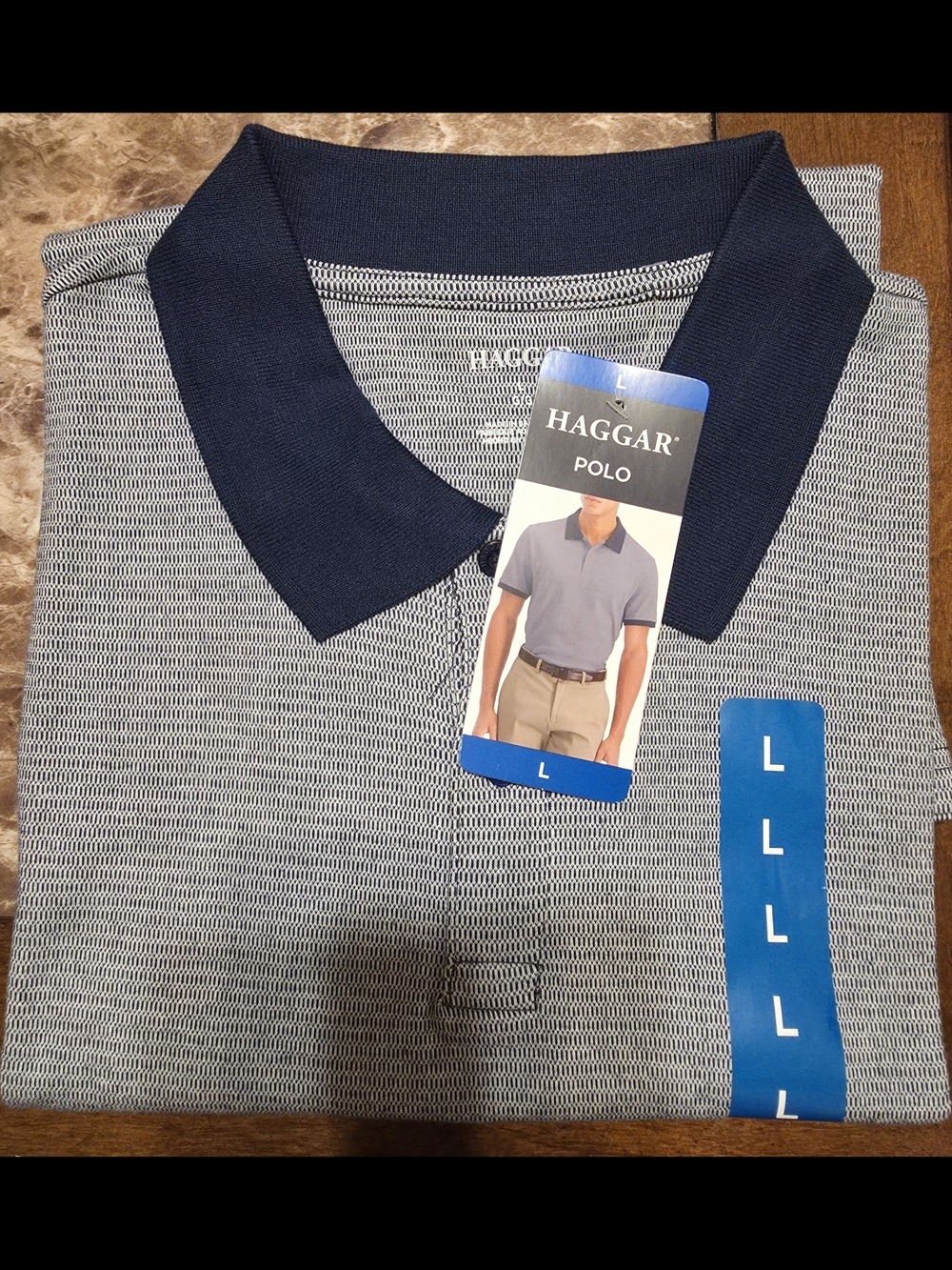 Haggar Short Sleeve Polo - Navy Collar, Heather Gray Body